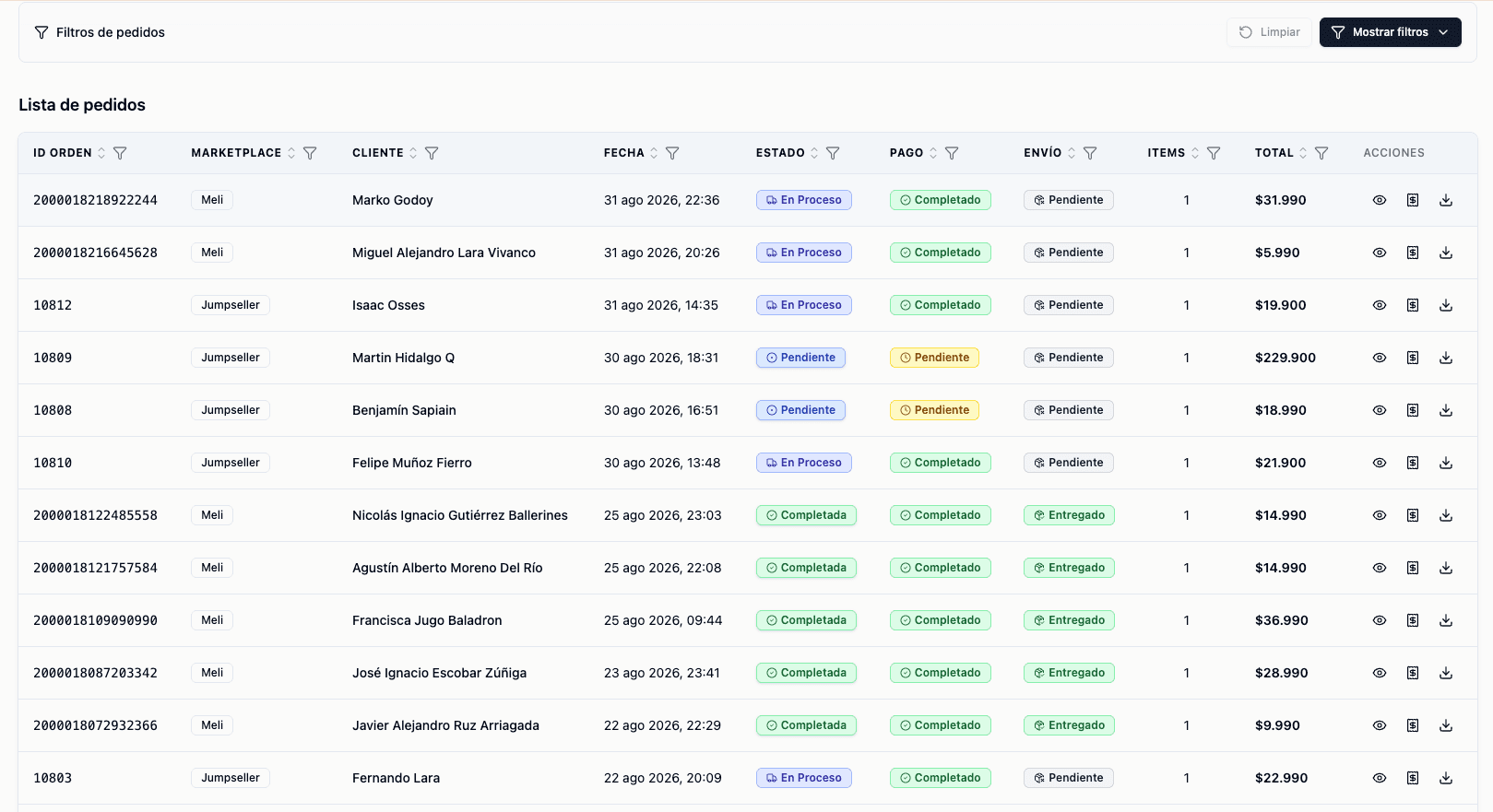 Pedidos de distintos marketplaces llegando a una sola tabla en Centralize